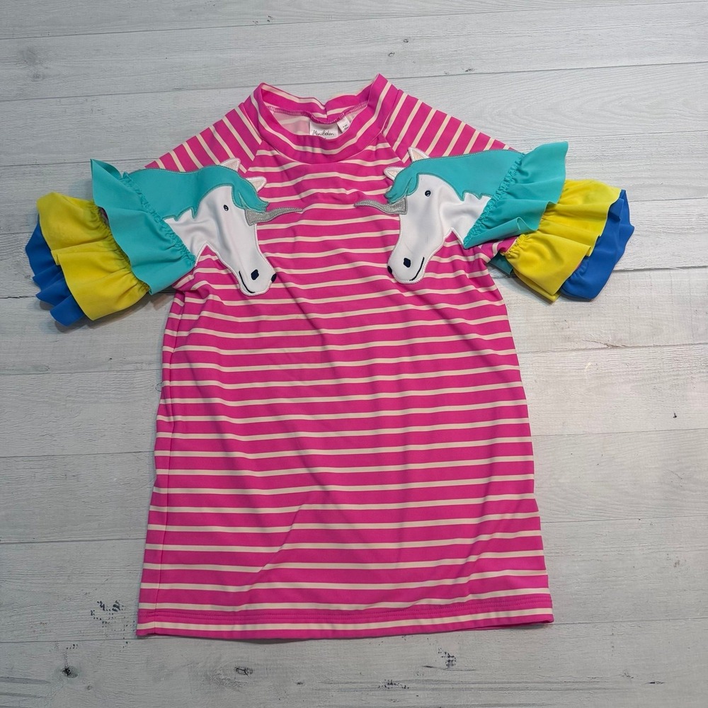 Mini Boden girls pink striped unicorn short sleeve rashguard 11/12